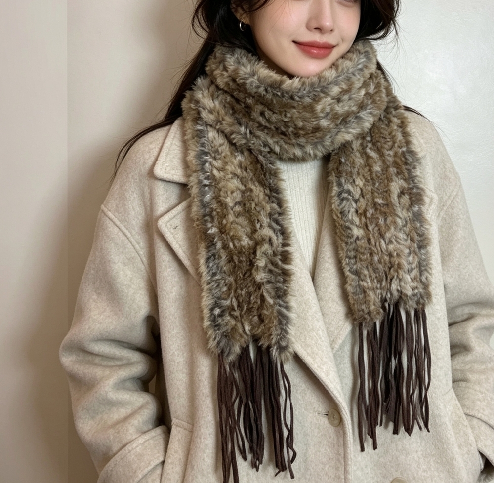 Memar Italy Real Rabbit Fur Scarf OS • Cream Brown Fringe Luxury Winter Wrap